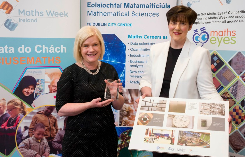 Minister Norma Foley pictured with Dr Sheila Donegan of SETU & Maths Week with the EDNIP After-School award and entry