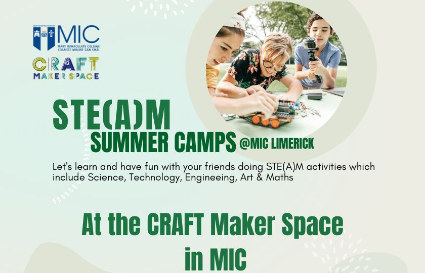 steam summer camp text with photo of children creating a wind powered car