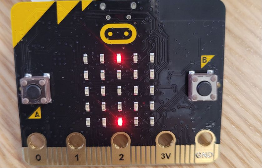 bbc micro bit with two LEDs on 