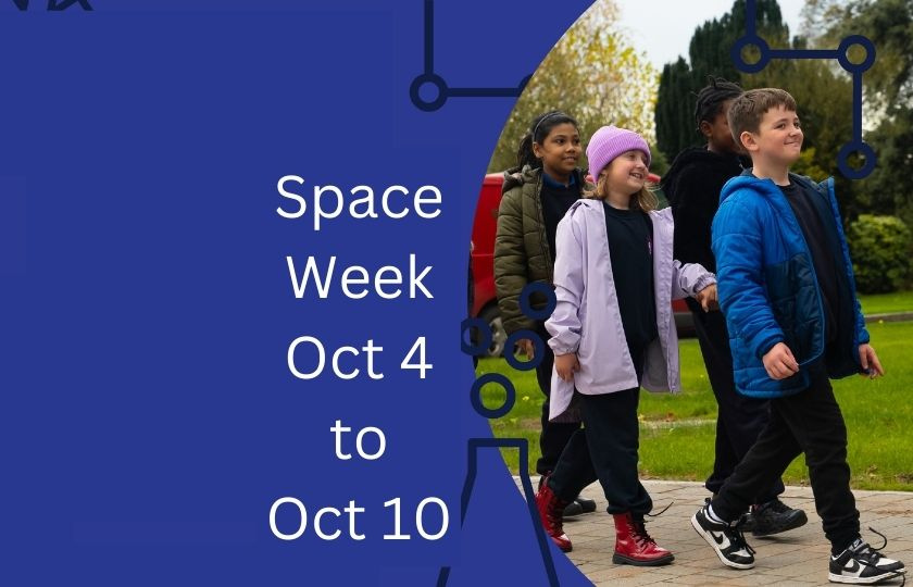 Children walking with text saying space week workshops available