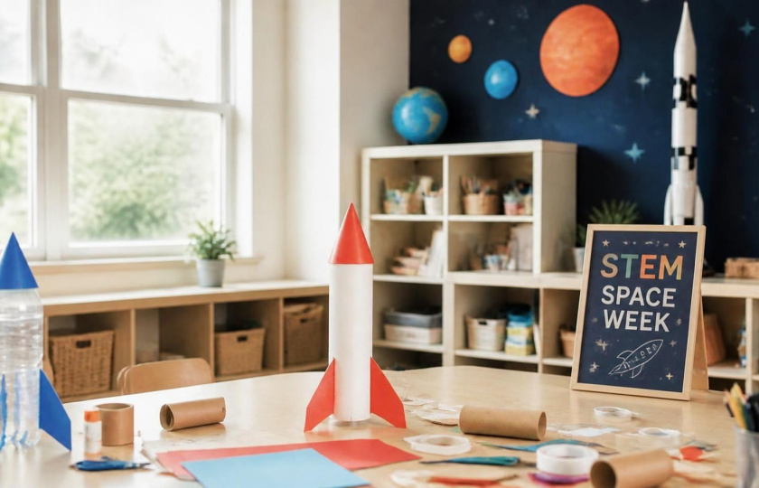 photo of a classroom with hand made rockets using toilet rolls etc